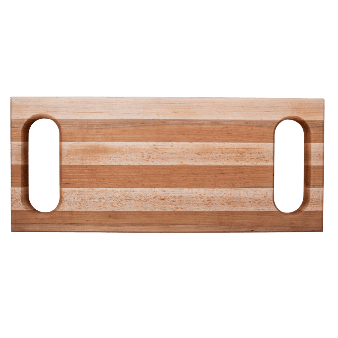 10x23x1.5”- Edge grain cherry and maple with handles routed into each end