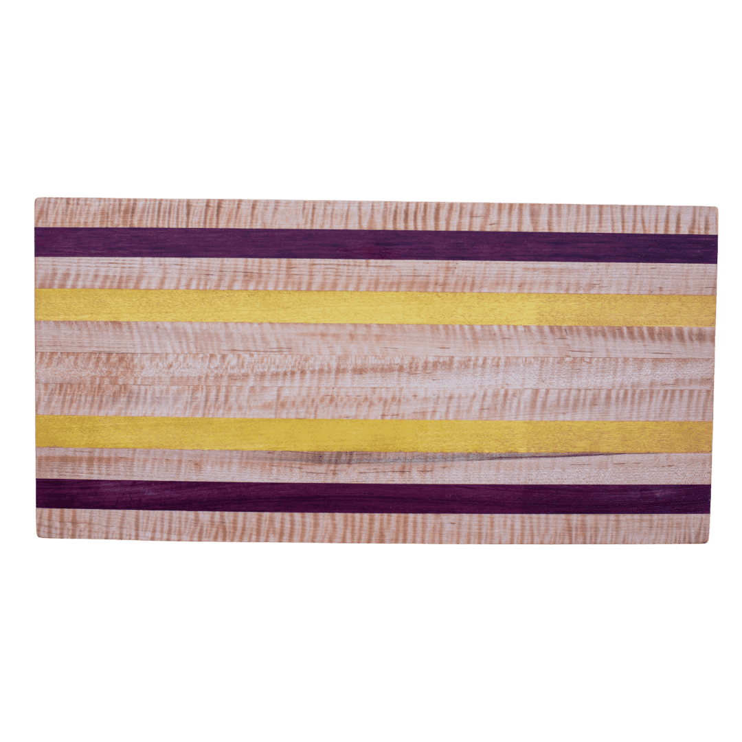 8.5x16.5x1.25- Edge grain curly maple, yellow heart, purple heart