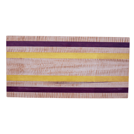 8.5x16.5x1.25- Edge grain curly maple, yellow heart, purple heart