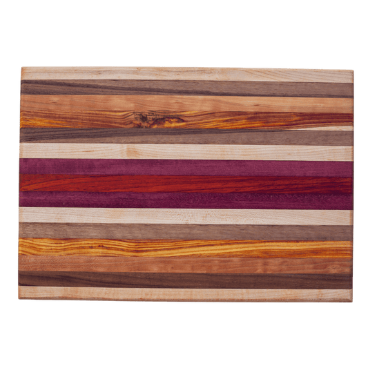 Edge grain cutting or serving board mixed exotic and domestic hardwoods