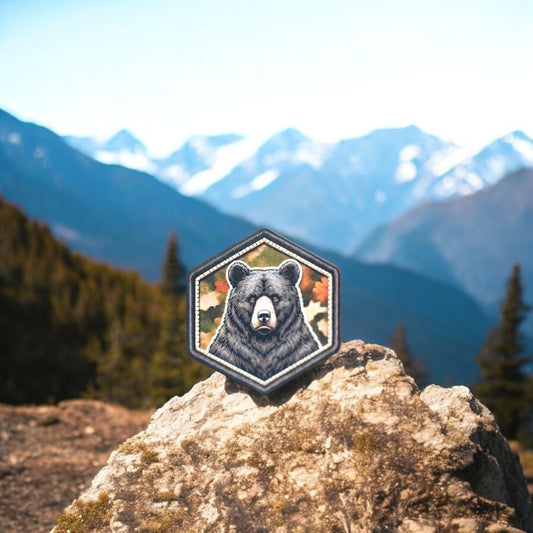 UV printed Black Bear leatherette patch with hat