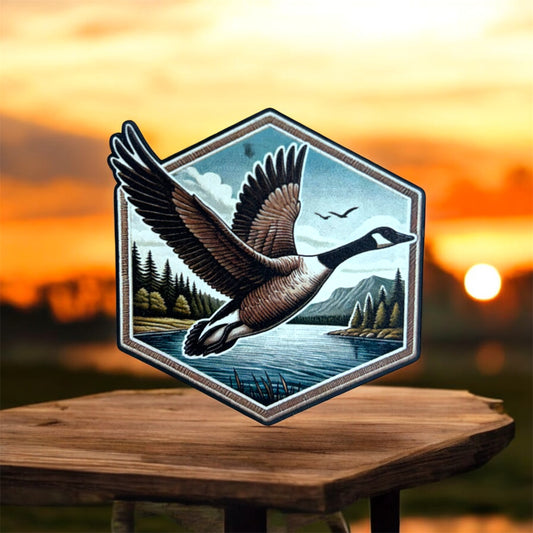 UV Printed flying Canada goose patch hex with hat