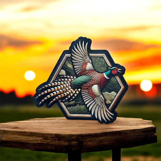 UV Printed flying pheasant patch hex with hat