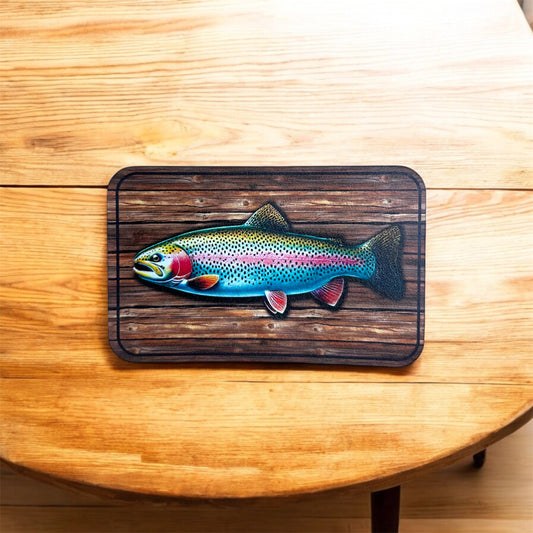 UV Printed Rainbow Trout patch on wood background with hat